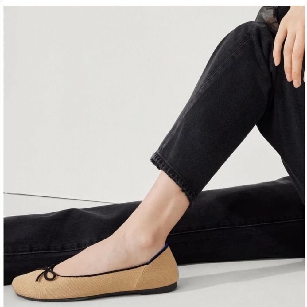 New Rothys The Bow Flat Fawn Beige Tan Knit Pointed Toe Ballet Flats Womens 9.5